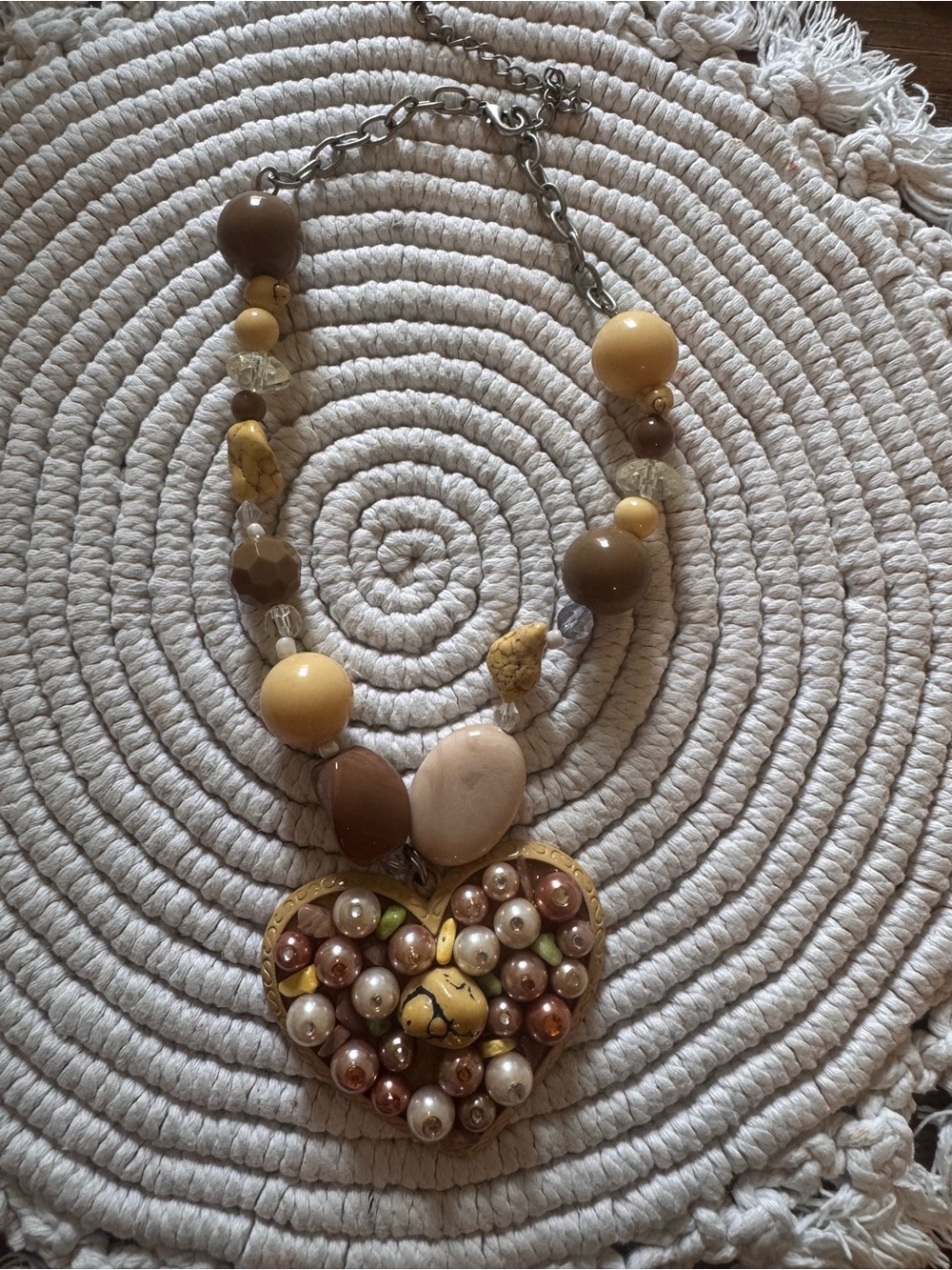 Beaded Heart Pendant Necklace in Cream & Brown